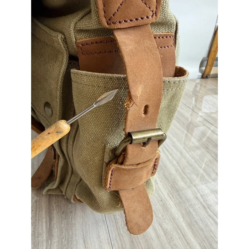 Sechunk Messenger Bag Olive Green Canvas Leather Trim Vintage Military Travel